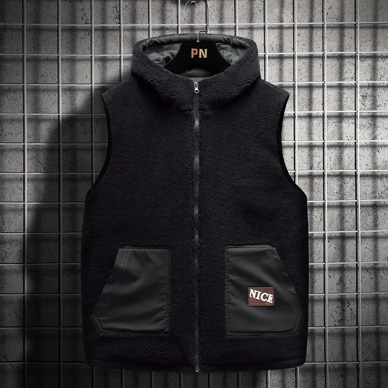 Herren Wattierte Teddy-Fleece-Weste mit Kapuze, durchgehendem Reißverschluss und Letter-Patch Nord Taschen