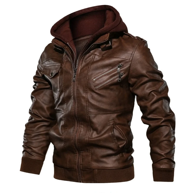 Herren Urbaner Kapuzen-Lederjacke im Bikerstil mit Reißverschluss-Details und Rippbündchen Nord Taschen
