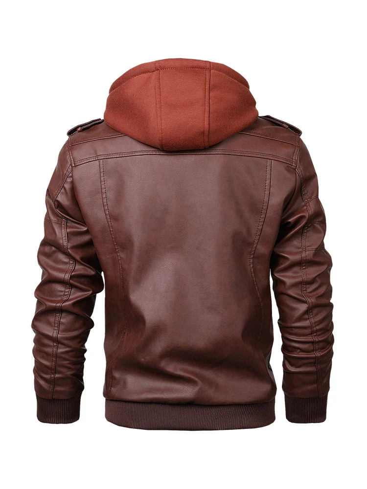 Herren Urbaner Kapuzen-Lederjacke im Bikerstil mit Reißverschluss-Details und Rippbündchen Nord Taschen