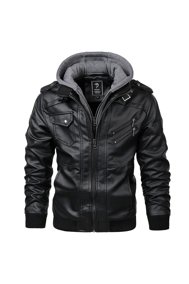 Herren Urbaner Kapuzen-Lederjacke im Bikerstil mit Reißverschluss-Details und Rippbündchen Nord Taschen