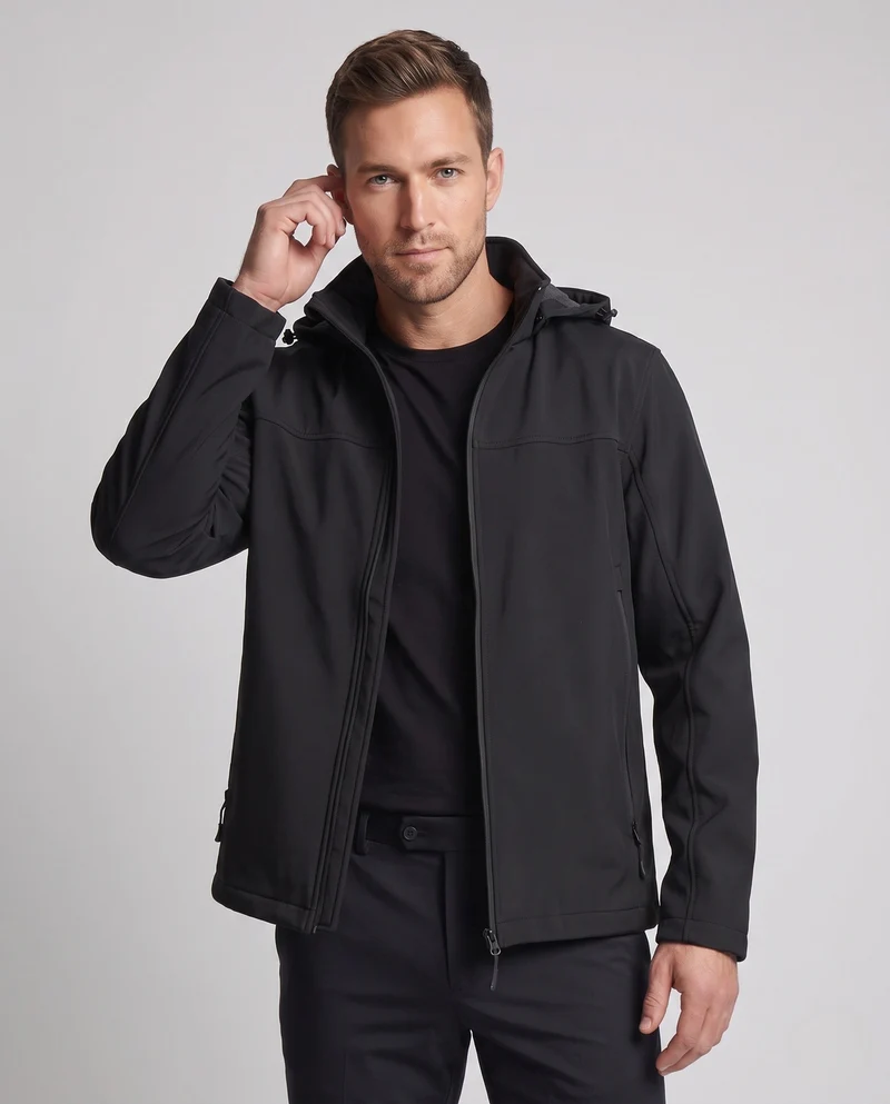 Herren technische Softshell-Hoodiejacke mit winddichter Membran, verstellbare Kapuze und versteckten Reißverschlusstaschen