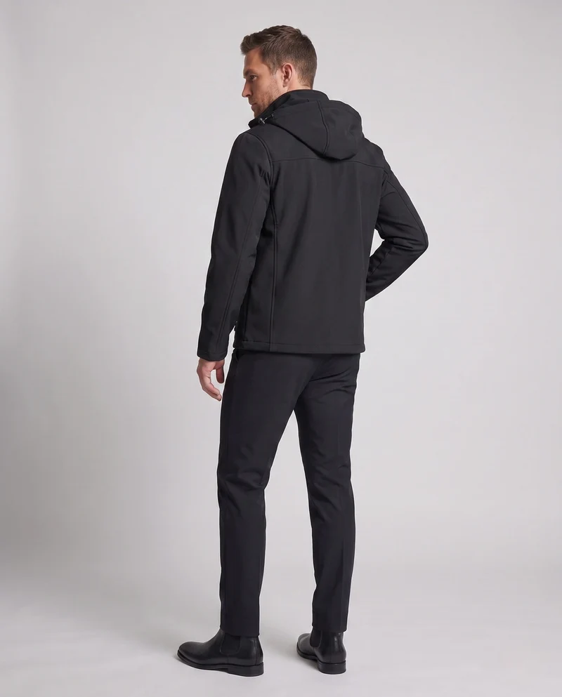 Herren technische Softshell-Hoodiejacke mit winddichter Membran, verstellbare Kapuze und versteckten Reißverschlusstaschen