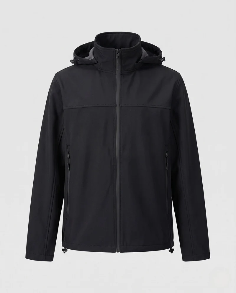 Herren technische Softshell-Hoodiejacke mit winddichter Membran, verstellbare Kapuze und versteckten Reißverschlusstaschen