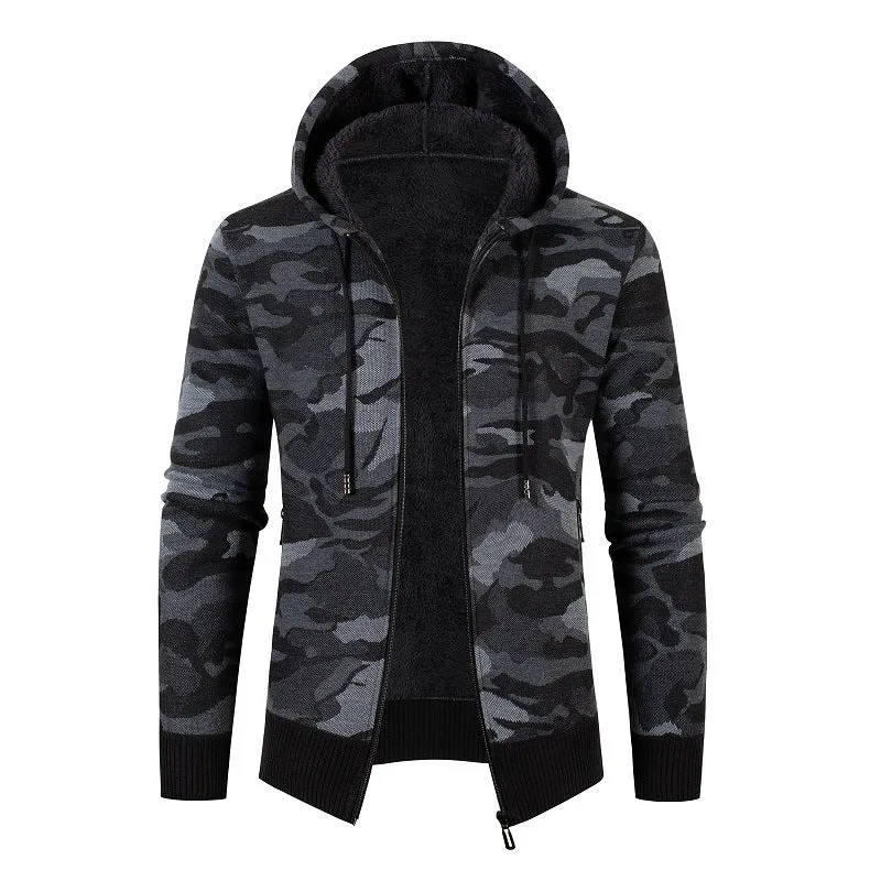 Herren Kapuzen‑Strickjacke mit Teddyfutter, Reißverschluss und Camouflage‑Struktur Nord Taschen