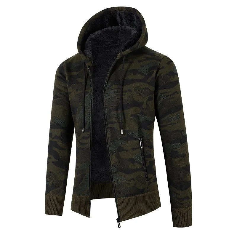 Herren Kapuzen‑Strickjacke mit Teddyfutter, Reißverschluss und Camouflage‑Struktur Nord Taschen