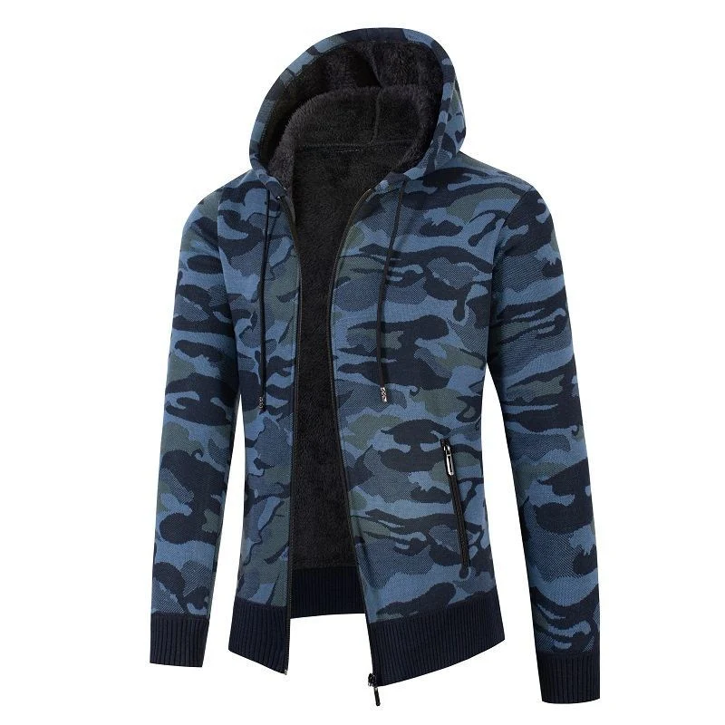 Herren Kapuzen‑Strickjacke mit Teddyfutter, Reißverschluss und Camouflage‑Struktur Nord Taschen