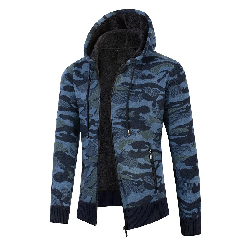 Herren Kapuzen‑Strickjacke mit Teddyfutter, Reißverschluss und Camouflage‑Struktur Nord Taschen