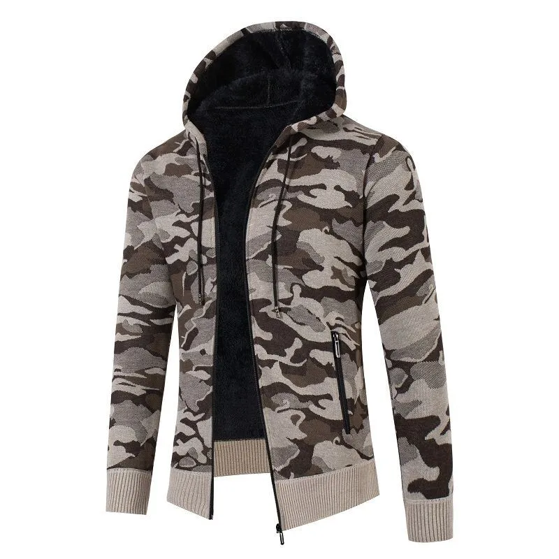 Herren Kapuzen‑Strickjacke mit Teddyfutter, Reißverschluss und Camouflage‑Struktur Nord Taschen