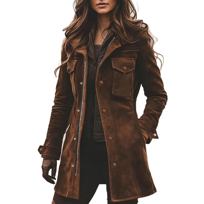 Damen Langjacke aus Veloursleder mit Utility-Taschen und verdecktem Reißverschluss Nord Taschen