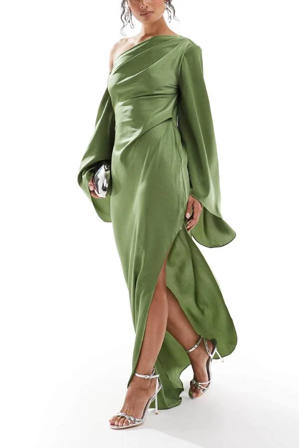 Zayla Satin Asymmetrisches Ein Schulter Glockenärmel Schlitz Maxi Kleid - Arvani