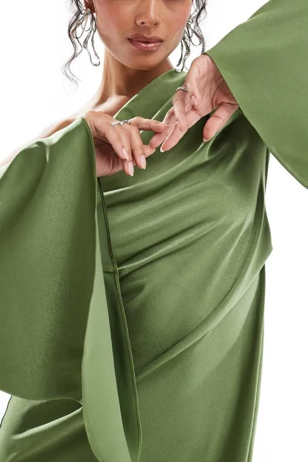 Zayla Satin Asymmetrisches Ein Schulter Glockenärmel Schlitz Maxi Kleid - Arvani