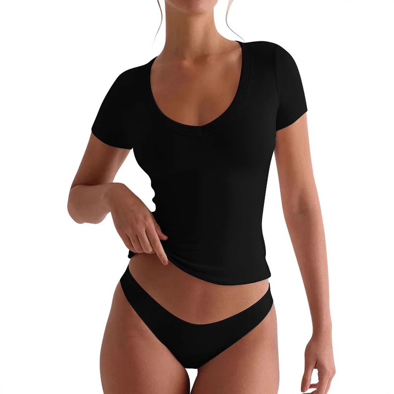Damen figurbetontes V-Neck T-Shirt mit kurzen Ärmeln