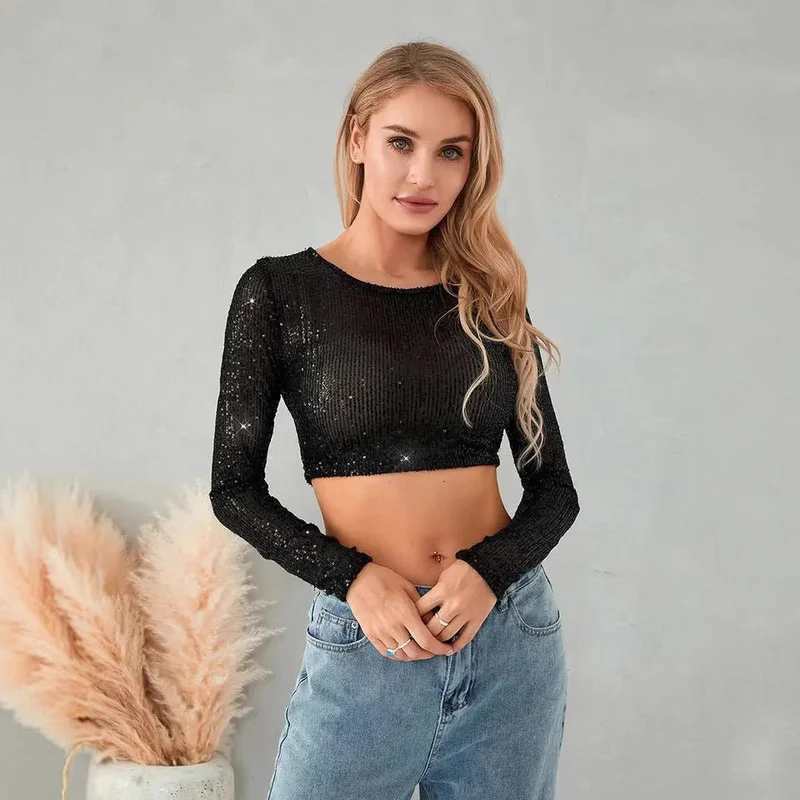 Damen Glitzerndes Langarm-Top mit funkelnden Pailletten