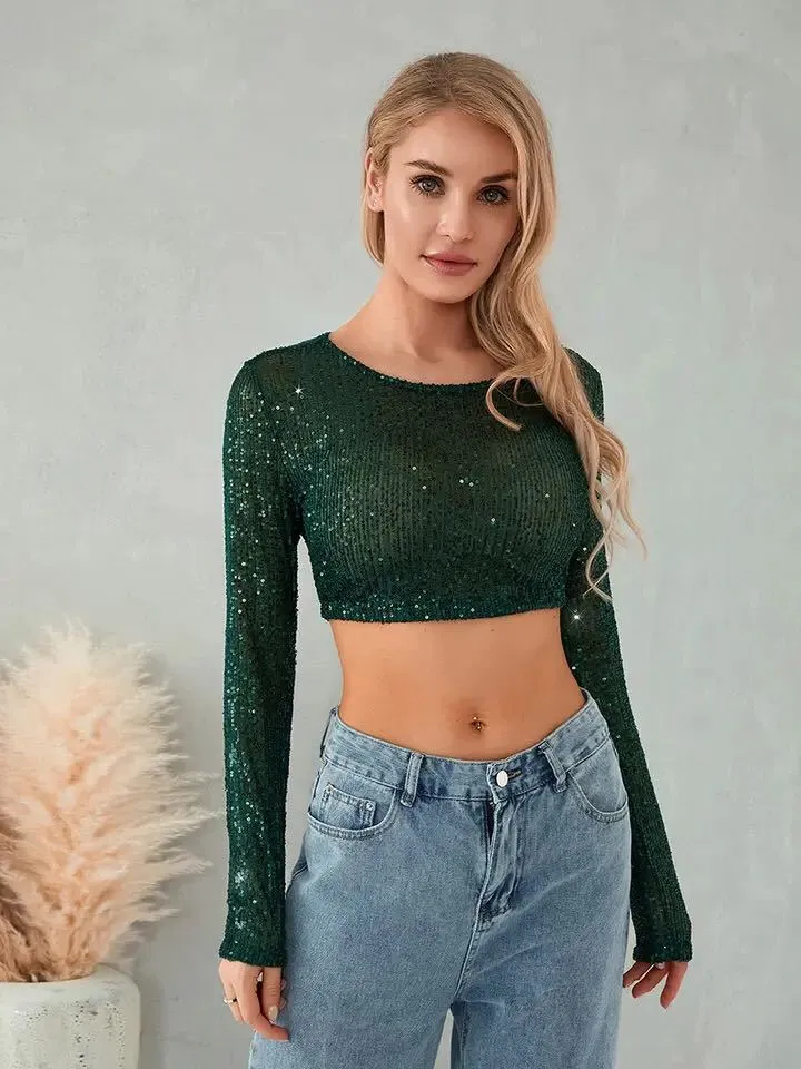 Damen Glitzerndes Langarm-Top mit funkelnden Pailletten