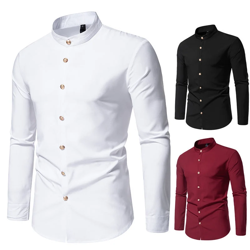 Herren Langarmhemd mit modernem Stehkragen und eleganten Knopfdetails
