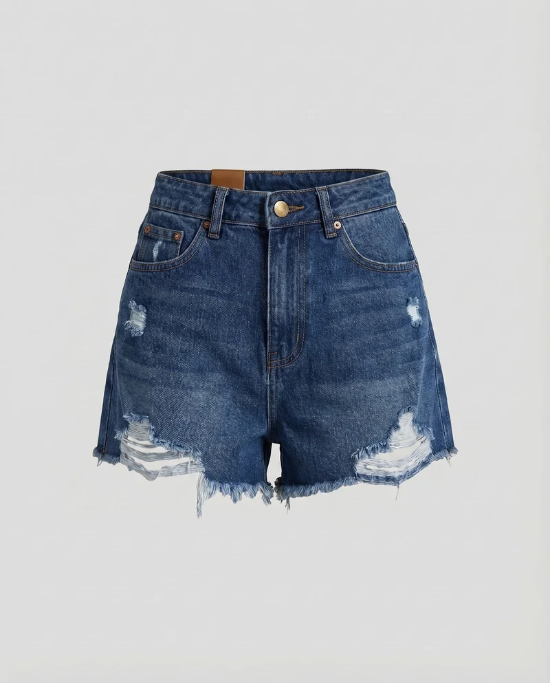 Damen Jeans-Shorts High-Waist Fransen Rissdetails