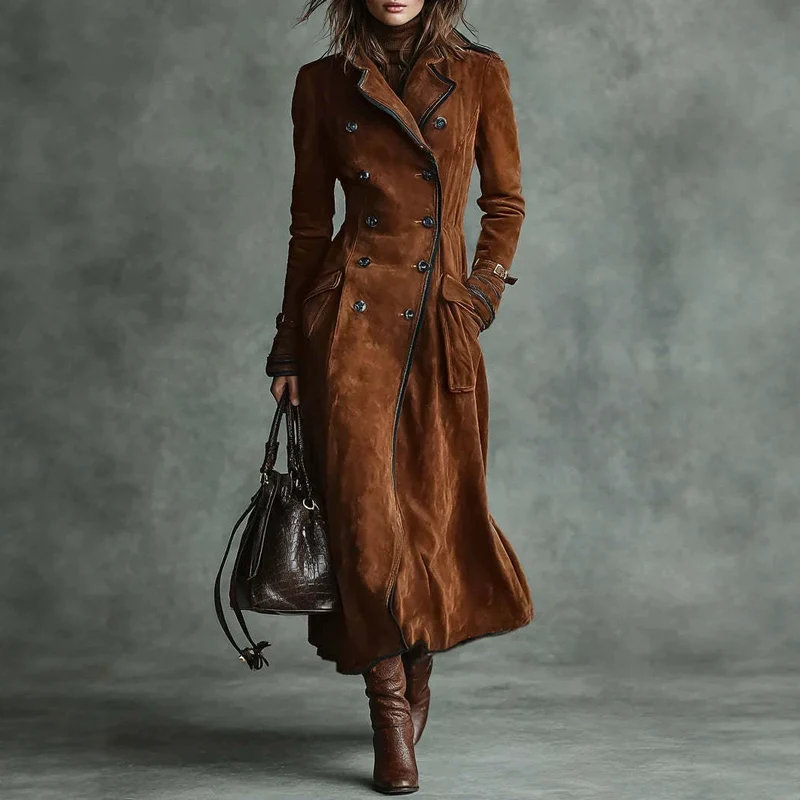 Damen Langer Taillierter Trenchcoat aus Veloursleder‑Optik mit doppelreihiger Knopfleiste und Schnallenmanschetten Nord Taschen