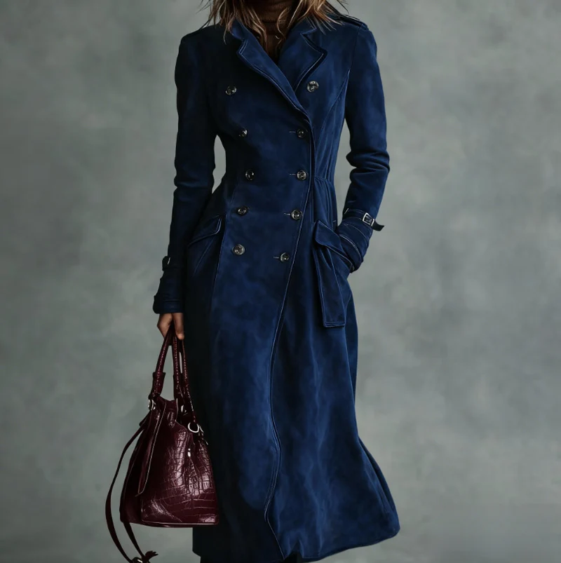 Damen Langer Taillierter Trenchcoat aus Veloursleder‑Optik mit doppelreihiger Knopfleiste und Schnallenmanschetten Nord Taschen