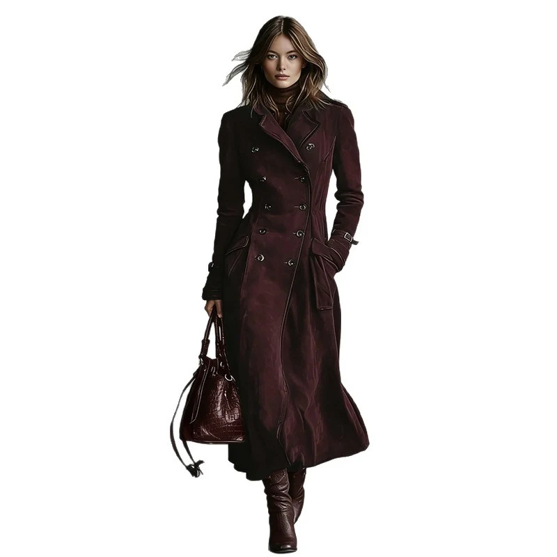 Damen Langer Taillierter Trenchcoat aus Veloursleder‑Optik mit doppelreihiger Knopfleiste und Schnallenmanschetten Nord Taschen