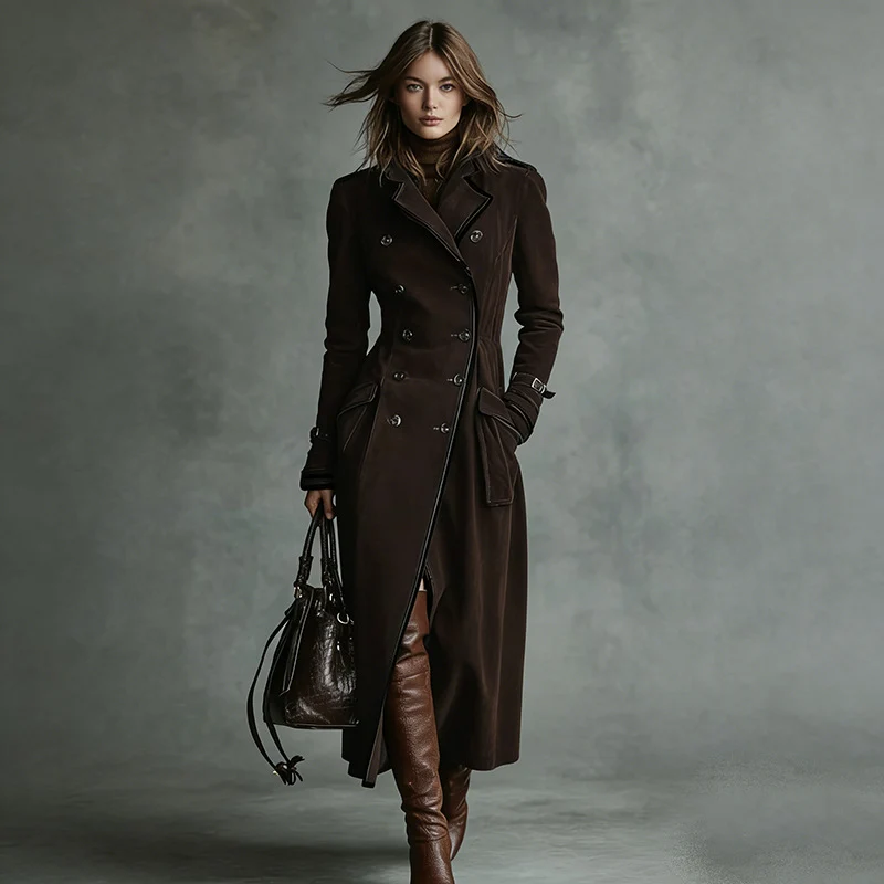 Damen Langer Taillierter Trenchcoat aus Veloursleder‑Optik mit doppelreihiger Knopfleiste und Schnallenmanschetten Nord Taschen
