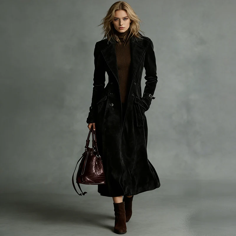 Damen Langer Taillierter Trenchcoat aus Veloursleder‑Optik mit doppelreihiger Knopfleiste und Schnallenmanschetten Nord Taschen