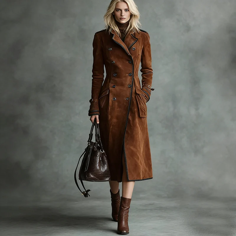 Damen Langer Taillierter Trenchcoat aus Veloursleder‑Optik mit doppelreihiger Knopfleiste und Schnallenmanschetten Nord Taschen