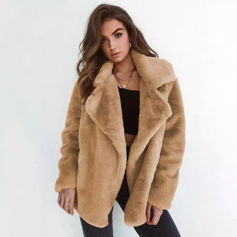 Damen Kuscheliger Oversized Kunstpelz-Mantel mit großem Reverskragen Nord Taschen