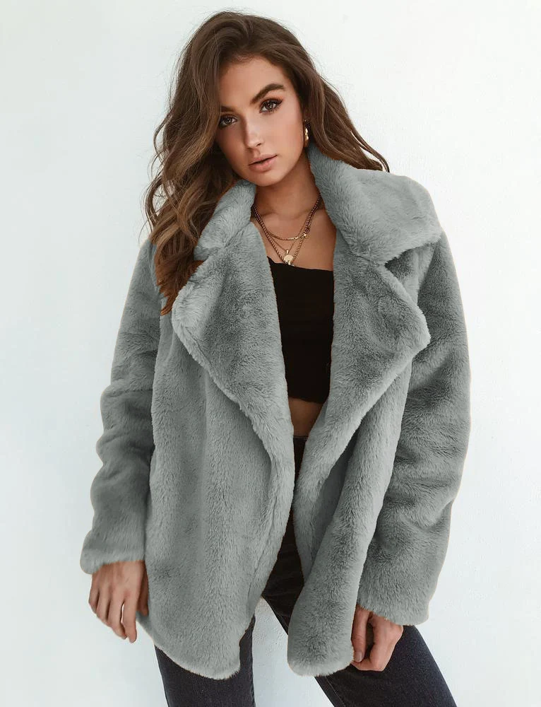 Damen Kuscheliger Oversized Kunstpelz-Mantel mit großem Reverskragen Nord Taschen