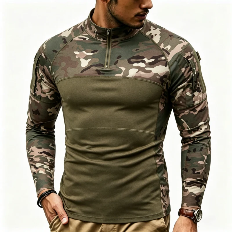 Herren Kompressions-Langarmtop mit Halbzip und taktischem Camouflage-Design Nord Taschen