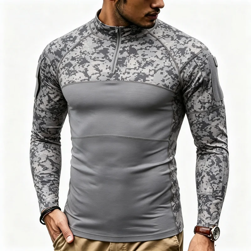 Herren Kompressions-Langarmtop mit Halbzip und taktischem Camouflage-Design Nord Taschen