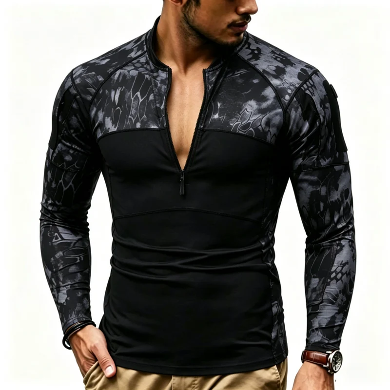 Herren Kompressions-Langarmtop mit Halbzip und taktischem Camouflage-Design Nord Taschen