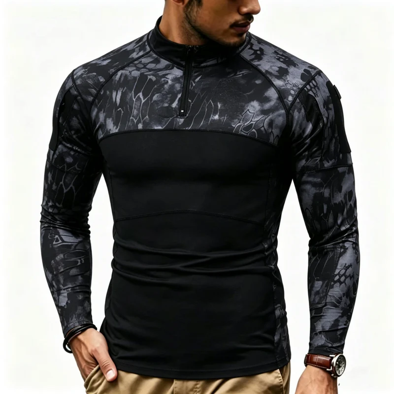 Herren Kompressions-Langarmtop mit Halbzip und taktischem Camouflage-Design Nord Taschen