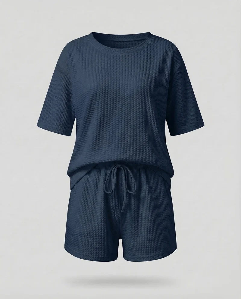 Damen Waffel-Zweiteiler-Set Tunnelzug-Shorts