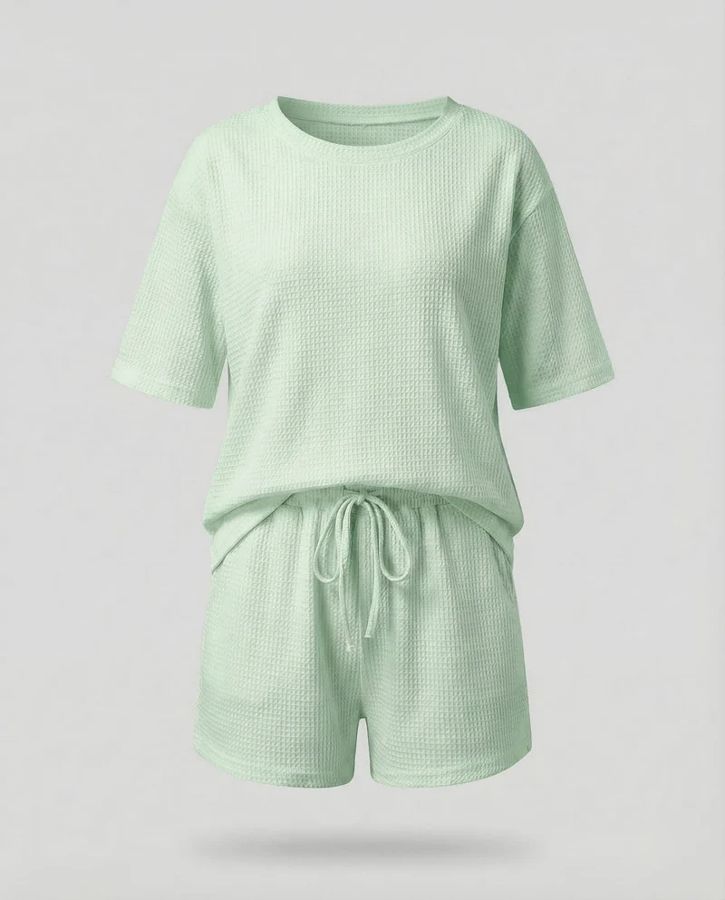 Damen Waffel-Zweiteiler-Set Tunnelzug-Shorts