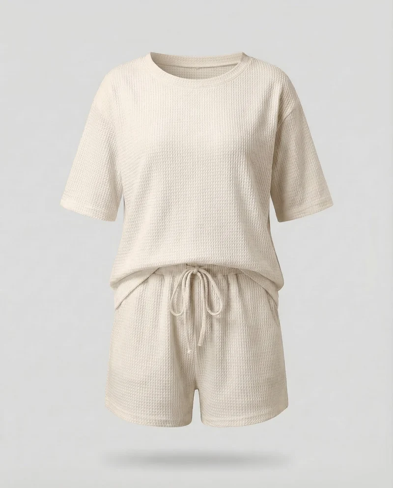 Damen Waffel-Zweiteiler-Set Tunnelzug-Shorts