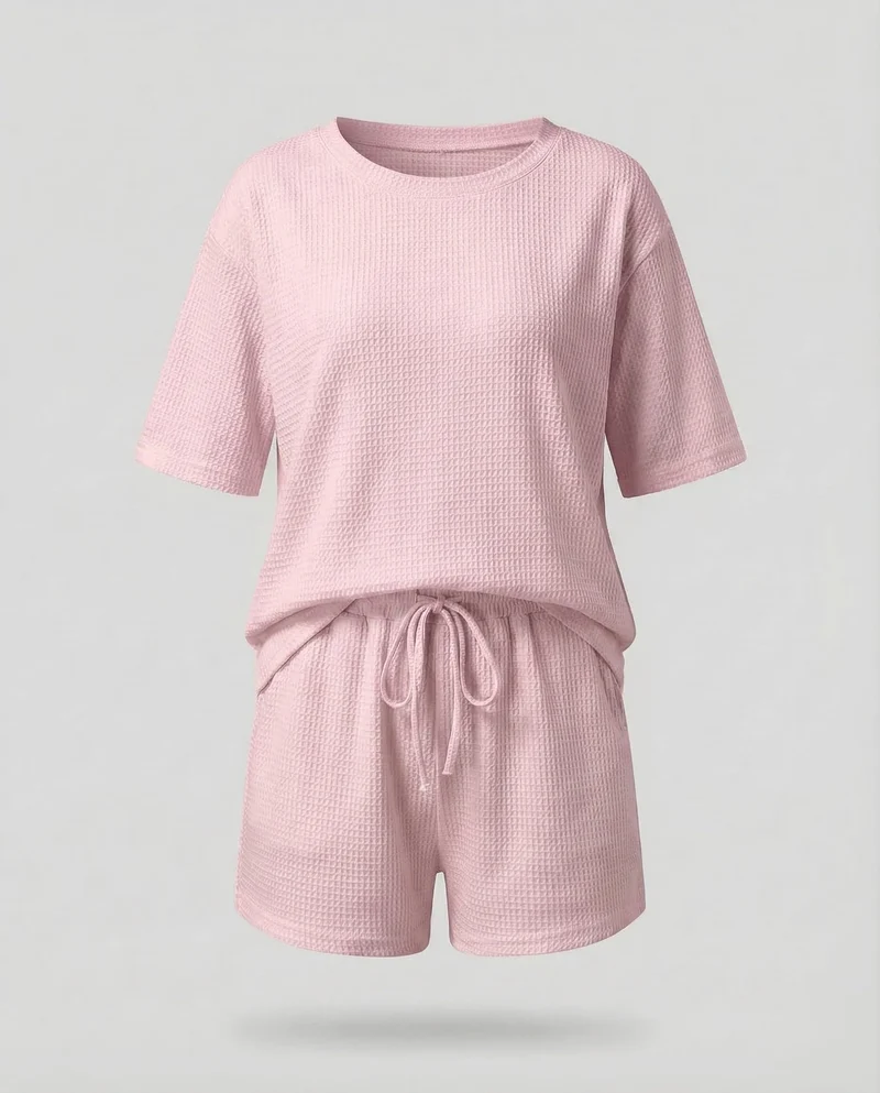 Damen Waffel-Zweiteiler-Set Tunnelzug-Shorts