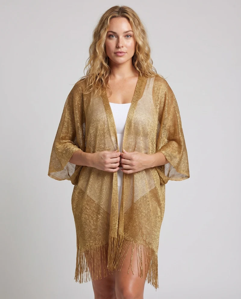 Damen Kimono-Strandponcho Fransen Fledermausärmel