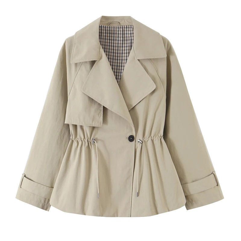 Damen Kurzer taillierter Trenchcoat mit Kordelzug und weitem Revers Nord Taschen