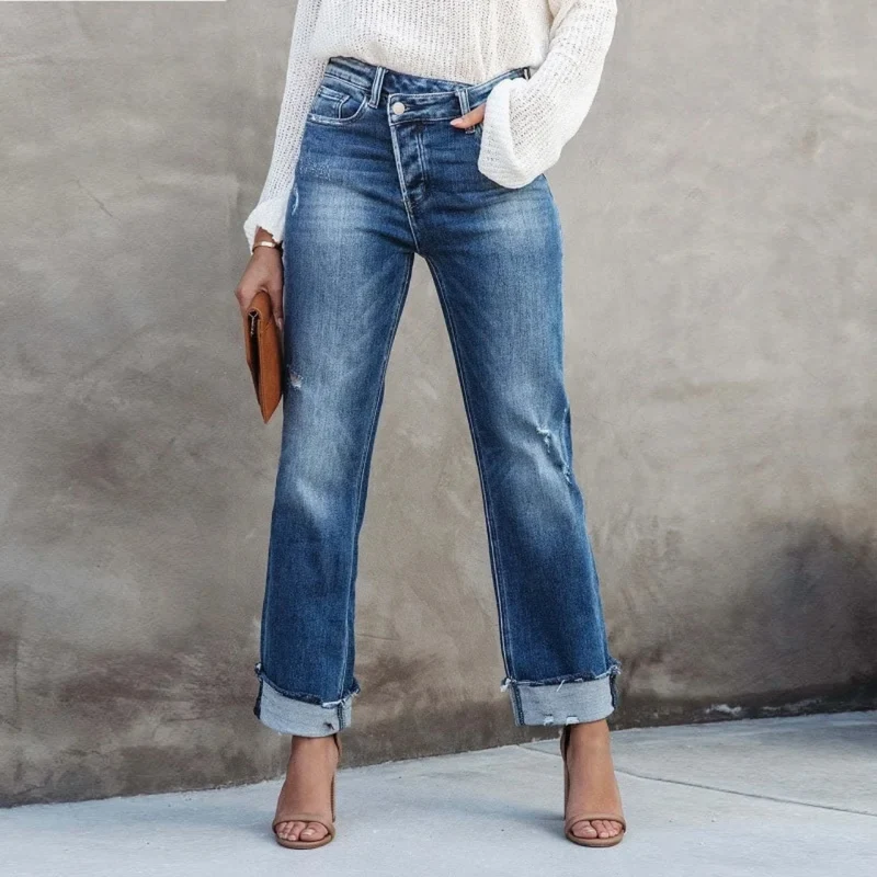 lässige gewaschene blaue Denim gerade lange Hose - Arvani