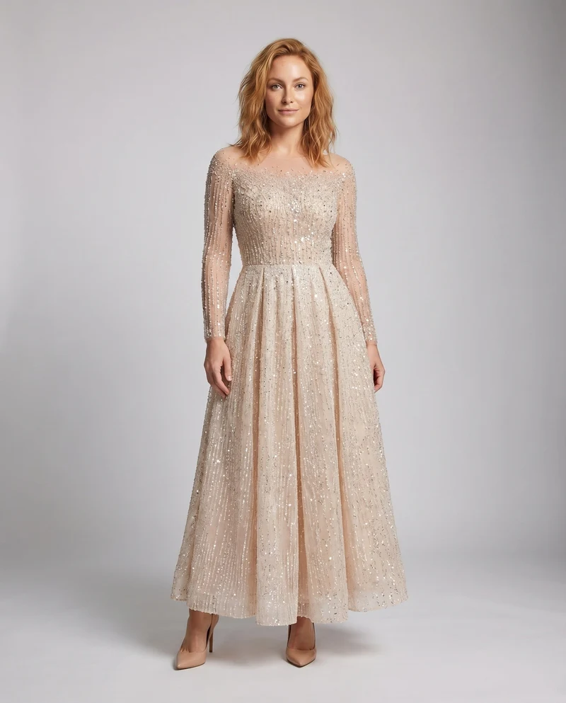 Damen Abend-Cocktailkleid Perlenstickerei Tüllrock Transparent