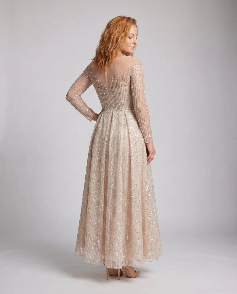 Damen Abend-Cocktailkleid Perlenstickerei Tüllrock Transparent
