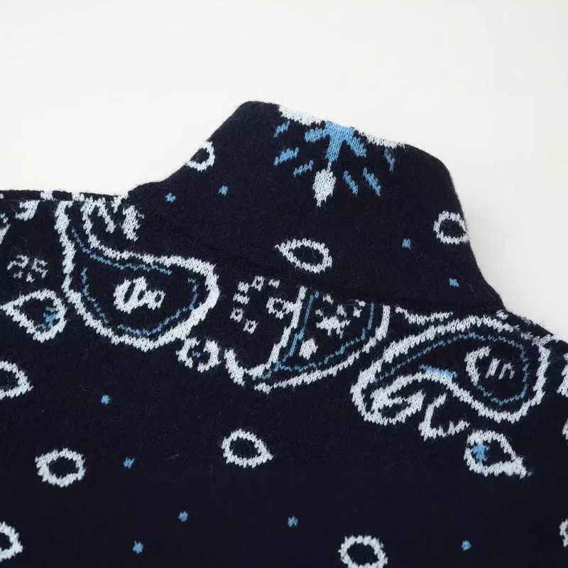 Damen Grobgestrickte Strickjacke mit Reißverschluss, Paisley‑Jacquard und Stehkragen Nord Taschen