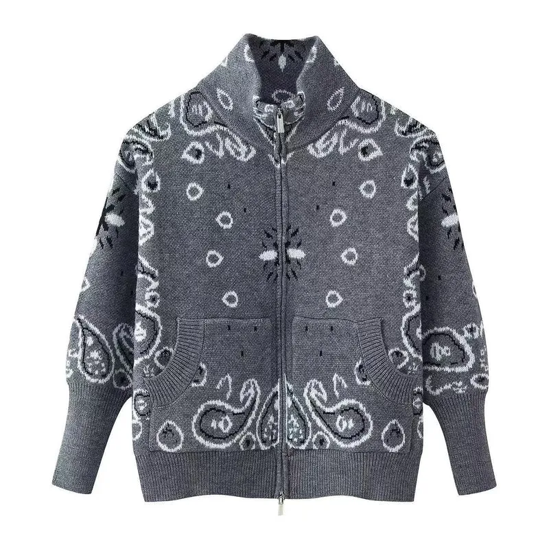 Damen Grobgestrickte Strickjacke mit Reißverschluss, Paisley‑Jacquard und Stehkragen Nord Taschen