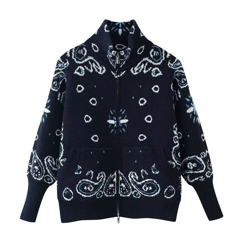 Damen Grobgestrickte Strickjacke mit Reißverschluss, Paisley‑Jacquard und Stehkragen Nord Taschen