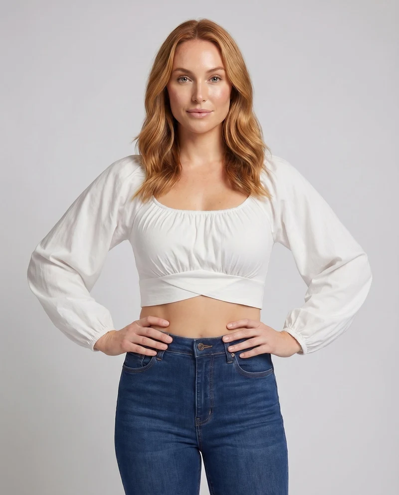 Damen cropped Oberteil mit voluminösen Ärmeln und elegantem Ausschnitt
