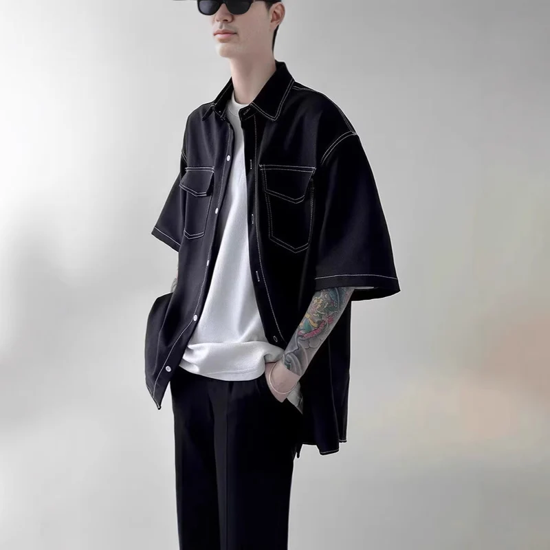 Herren Modisches Oversized Kurzarm-Hemd Nord Taschen