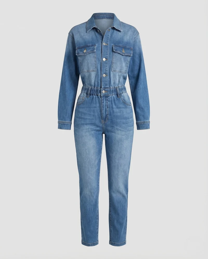 Damen Jeans Overall Tailliert Elastikbund