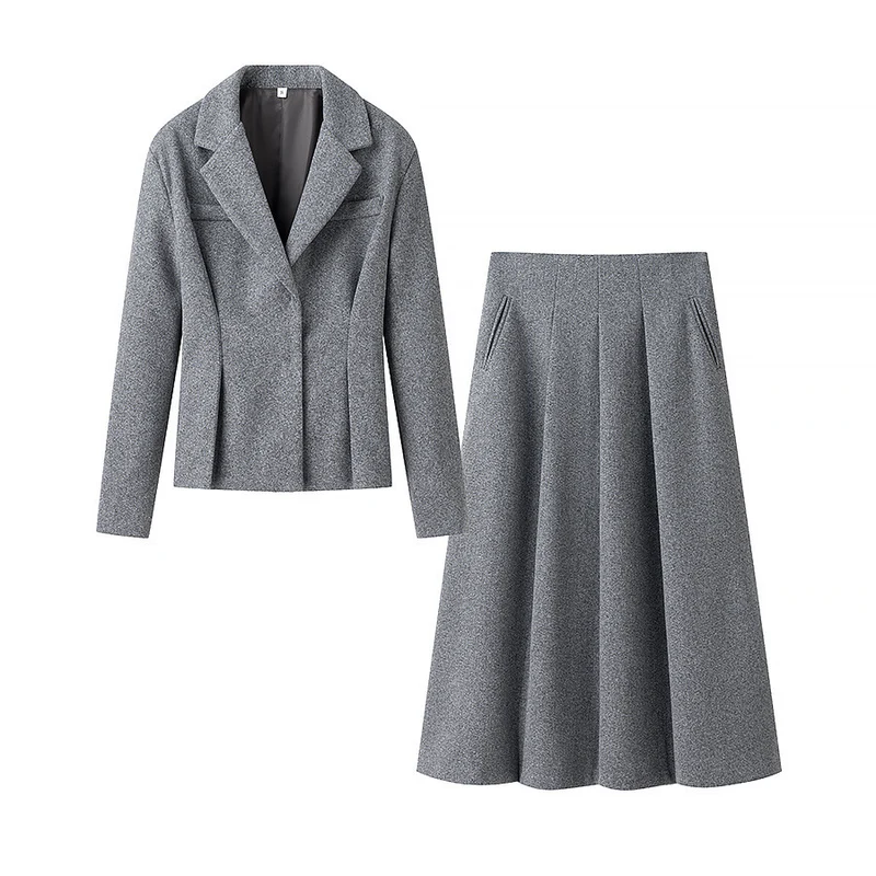 Damen Elegantes zweiteiliges Wollmix-Blazer- und Midirock-Set mit ausgestelltem Midirock Nord Taschen
