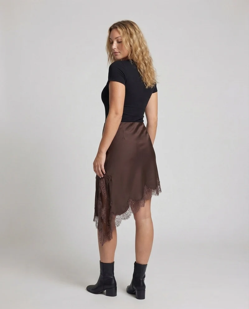 Damen Asymmetrischer Midirock Spitzenbordüre