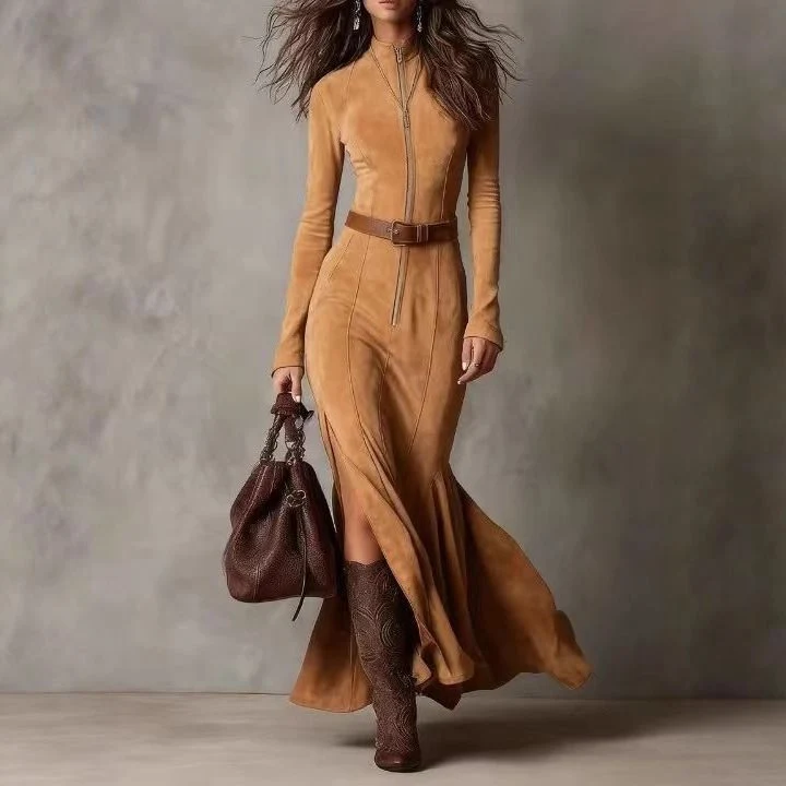 Damen Figurbetontes Midikleid aus Velourslederimitat mit Stehkragen und Zentralem Reißverschluss Nord Taschen